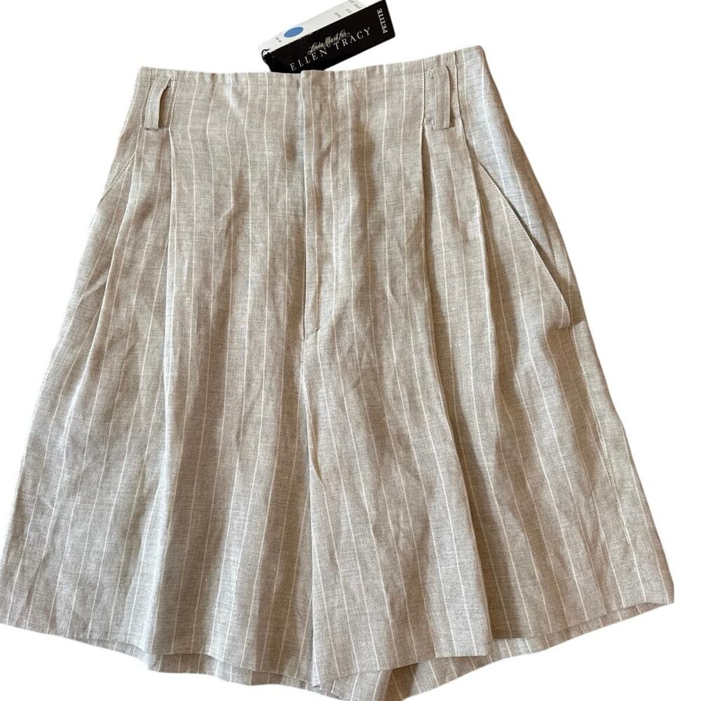 NWT Vintage Ellen Tracy Tan & Cream Pleated 100% Linen Shorts Orig $145 4P
